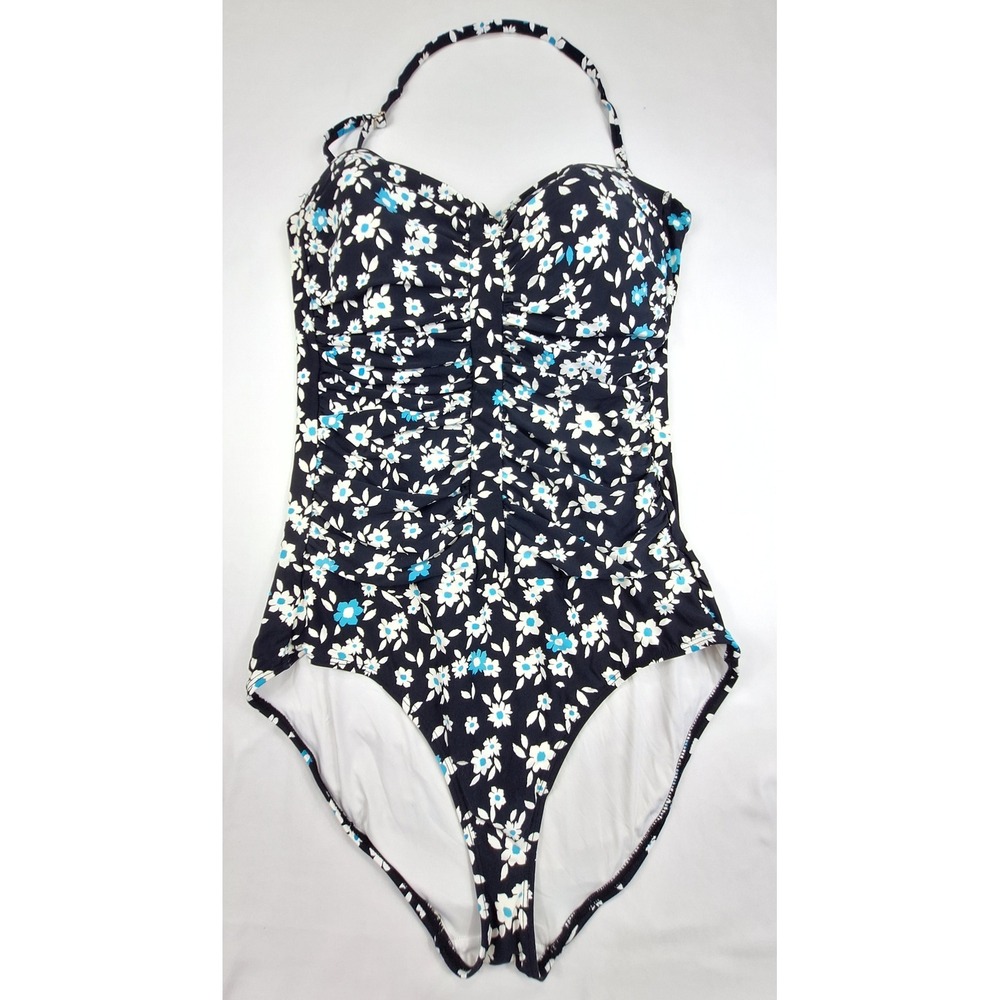 Anne Cole Black Floral Daisy One Piece Swimsuit Ruched Halter Size 14